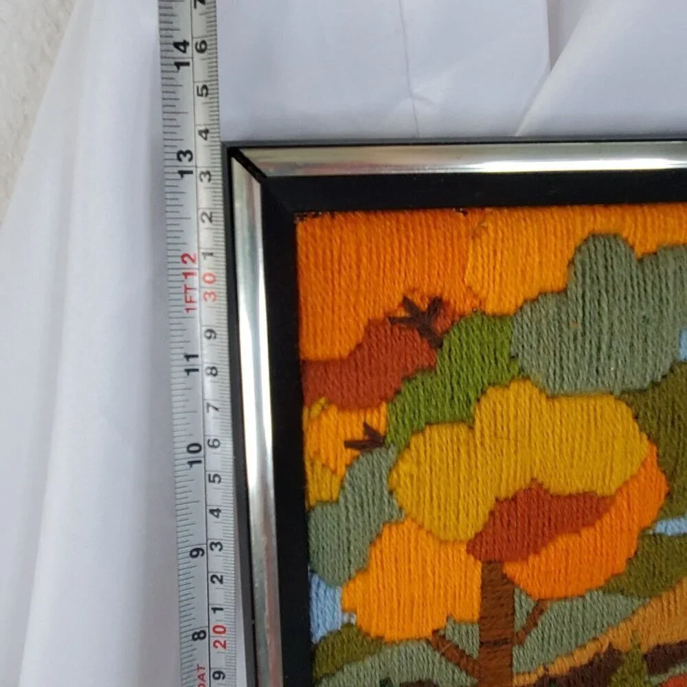 VTG 1970's Crewel Country Autumn Fall farm Scene Picture Framed Art 17”X13”